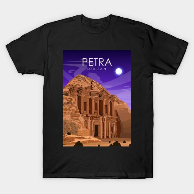 Petra Jordan Vintage Minimal Travel Poster at Night T-Shirt by jornvanhezik
